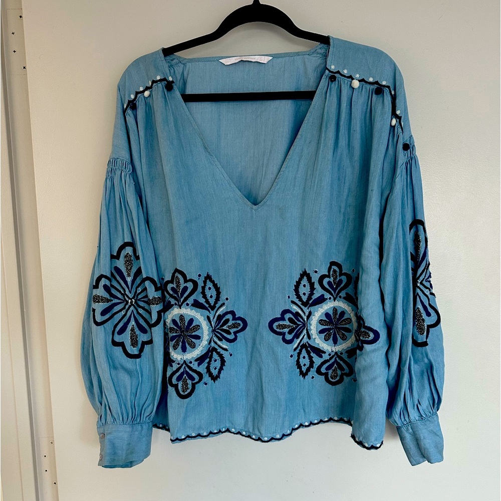 Zara beaded Blouse with puff sleeves | size Small